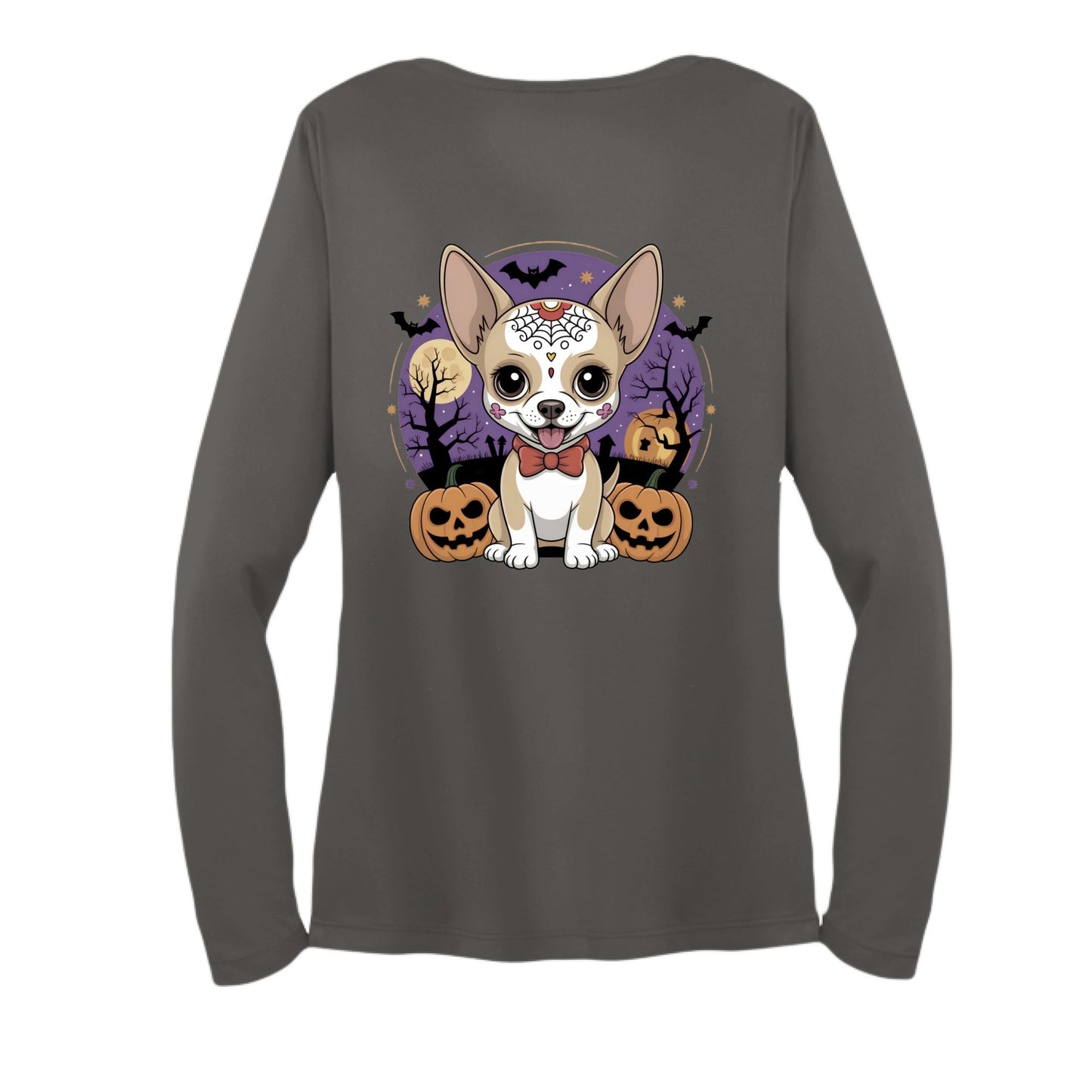 Day of the Dead Puppy – Ladies Long Sleeve Sport - Tek V - Neck Tee – Iron Grey T-Shirt for Apparel (5 view)