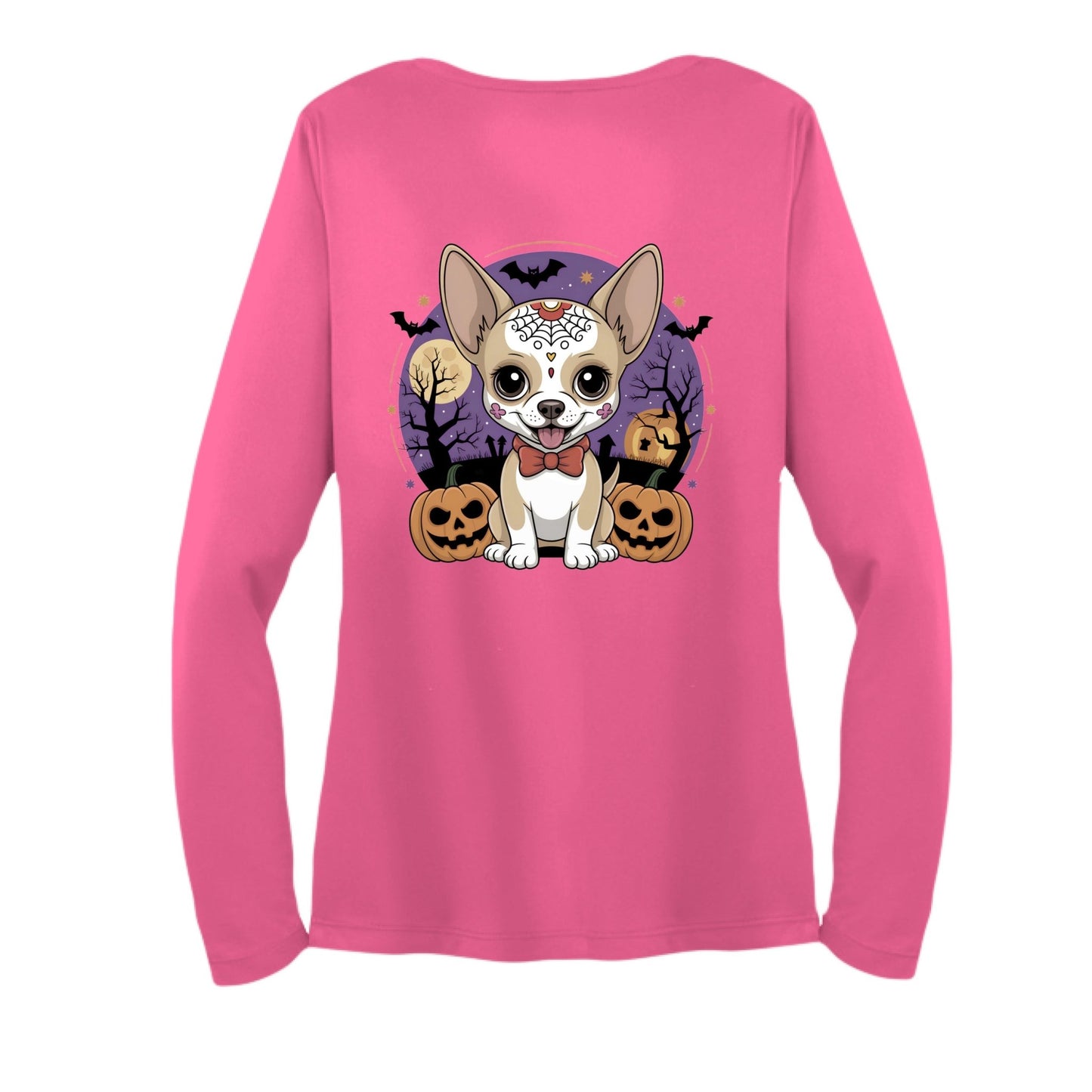 Day of the Dead Puppy – Ladies Long Sleeve Sport - Tek V - Neck Tee – Neon Pink T-Shirt for Apparel (3 view)