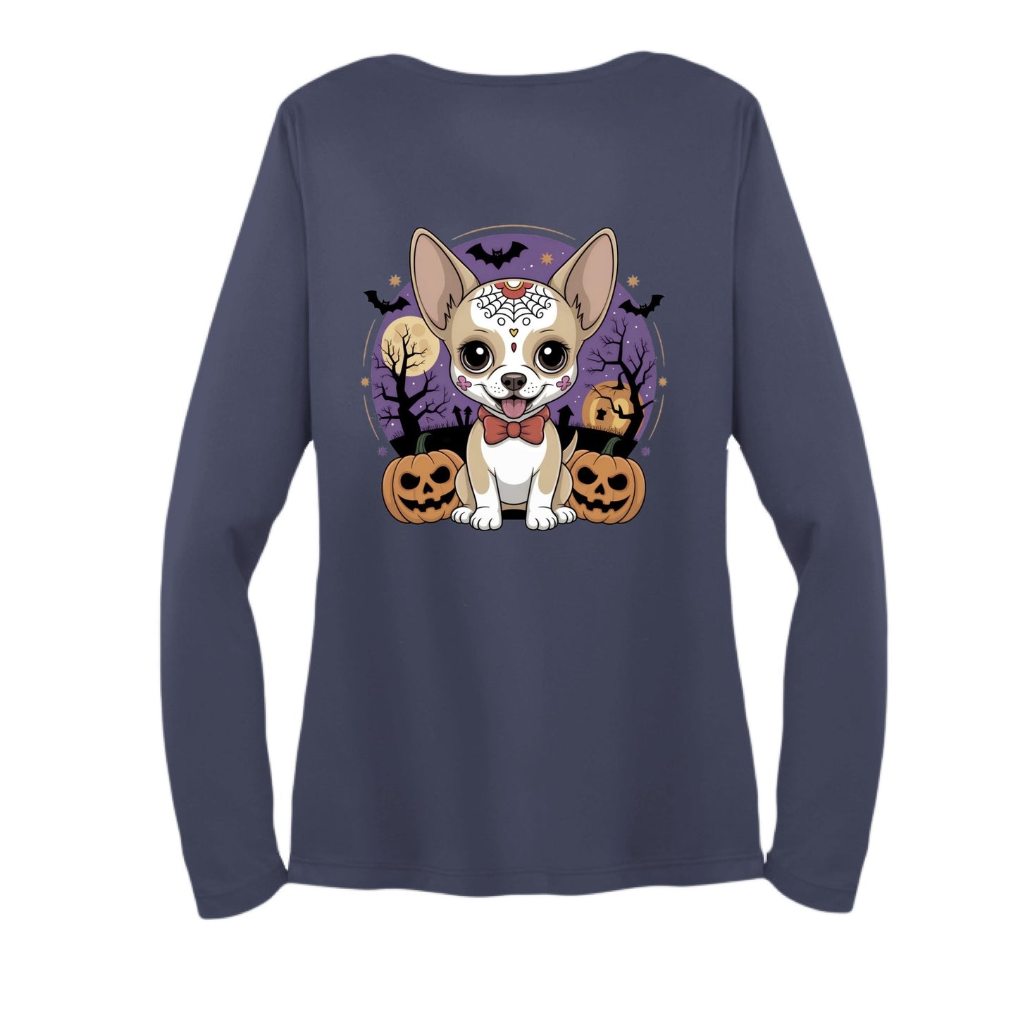 Day of the Dead Puppy – Ladies Long Sleeve Sport - Tek V - Neck Tee – True Navy T-Shirt for Apparel (15 view)