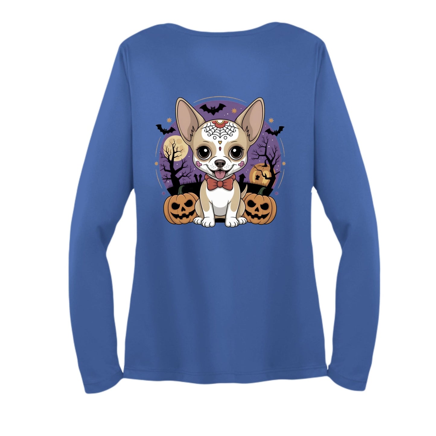 Day of the Dead Puppy – Ladies Long Sleeve Sport - Tek V - Neck Tee – True Royal T-Shirt for Apparel (13 view)