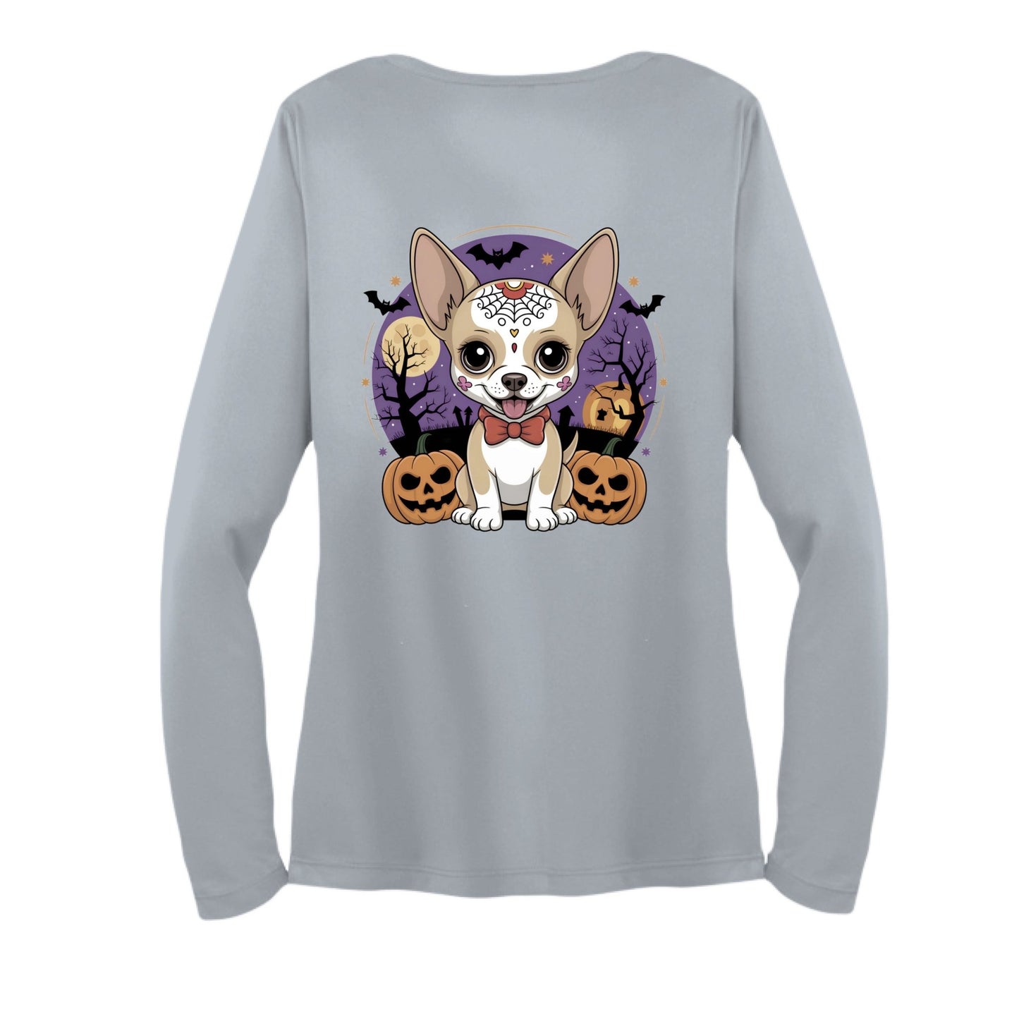 Day of the Dead Puppy – Ladies Long Sleeve Sport - Tek V - Neck Tee – Silver T-Shirt for Apparel (17 view)