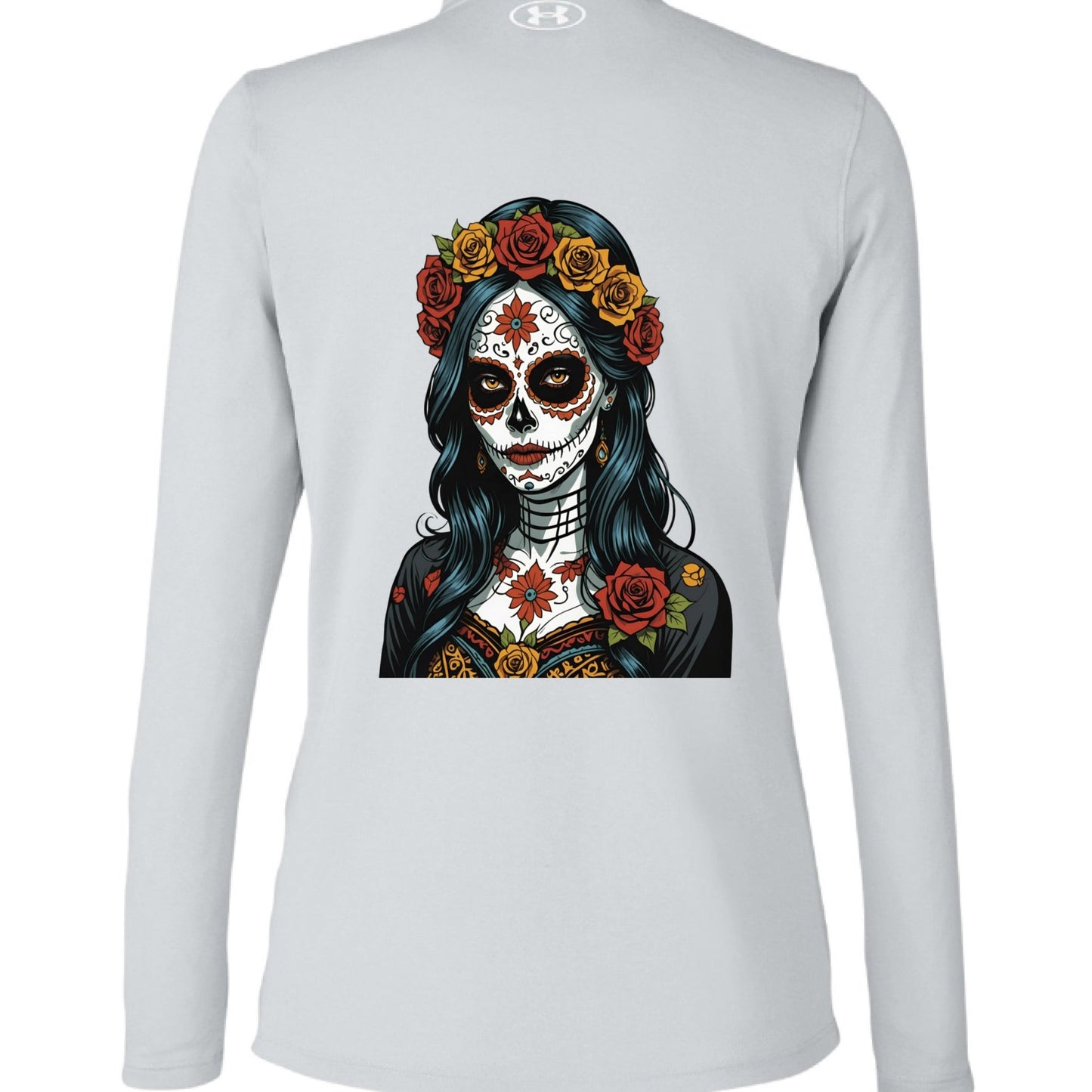 Day of the Dead Woman – Elegant Sugar Skull Art Pullover | RM Outpost Performance Collection – RED/ WHITE _600 Outerwear for Apparel (7 view)