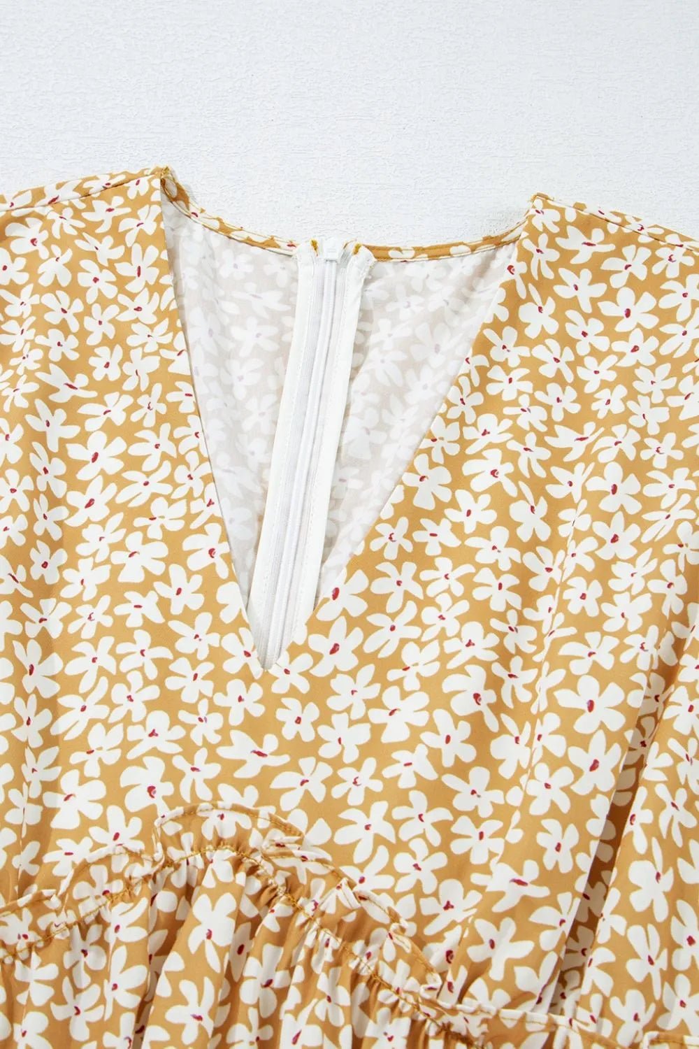 Floral Short Sleeve Surplice Frilly Tiered Mini Dress – Pastel Yellow for Shopify Collective (8 view)
