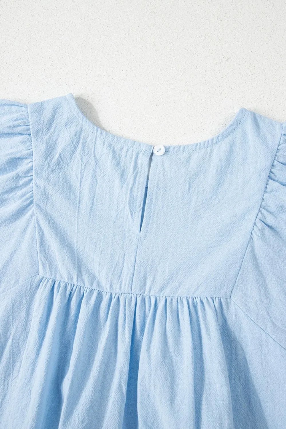 Solid Color Embroidered Scalloped Sleeves Crew Neck Blouse – Light Blue Women's Top for Shopify Collective (8 view)