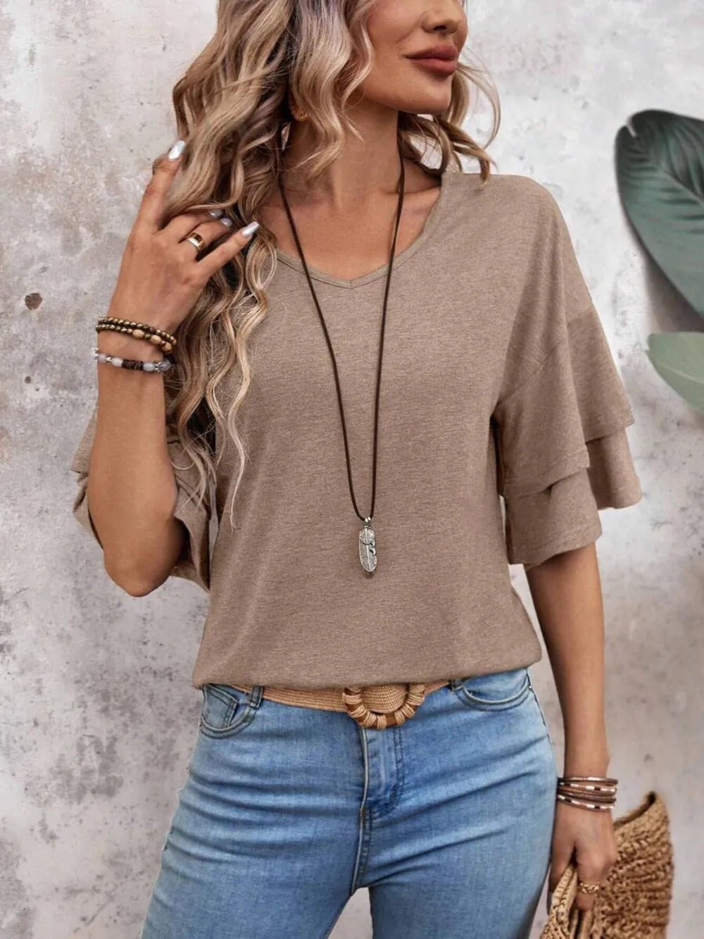 V - Neck Half Sleeve Blouse – Mocha for Shopify Collective (10 view)