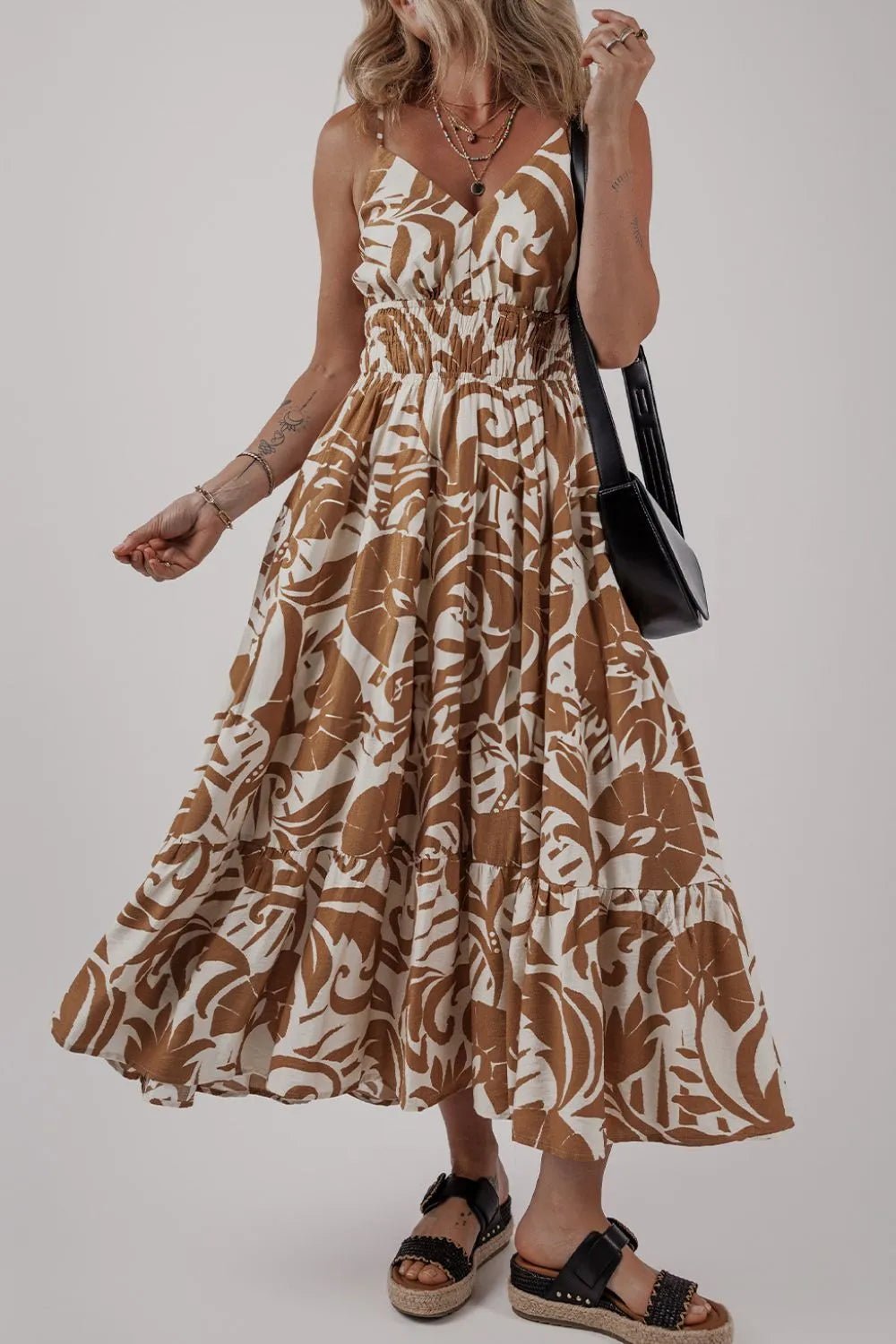 Floral Shirred High Waist Spaghetti Straps Dress – Mocha for Shopify Collective (1 view)