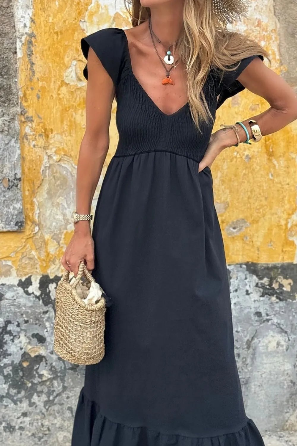 V Neck Ruffled Cap Sleeve Smocked Maxi Dress – Black for Shopify Collective (3 view)