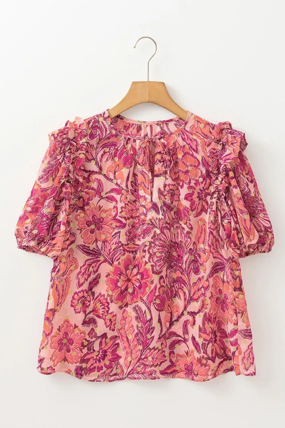 Floral Print Ruffled Puff Short Sleeve Blouse – Strawberry for Shopify Collective (6 view)