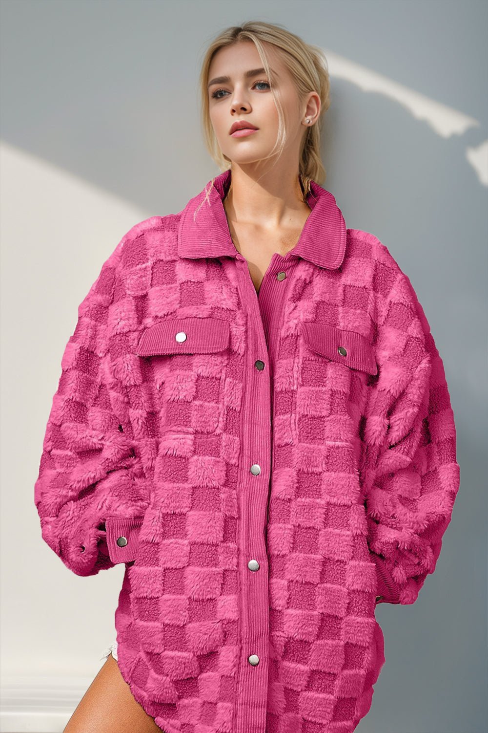 Double Take Button Up Fuzzy Checkered Shacket – Hot Pink Jacket by Double Take