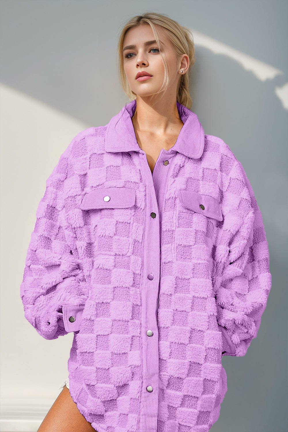 Double Take Button Up Fuzzy Checkered Shacket – Lilac Jacket by Double Take