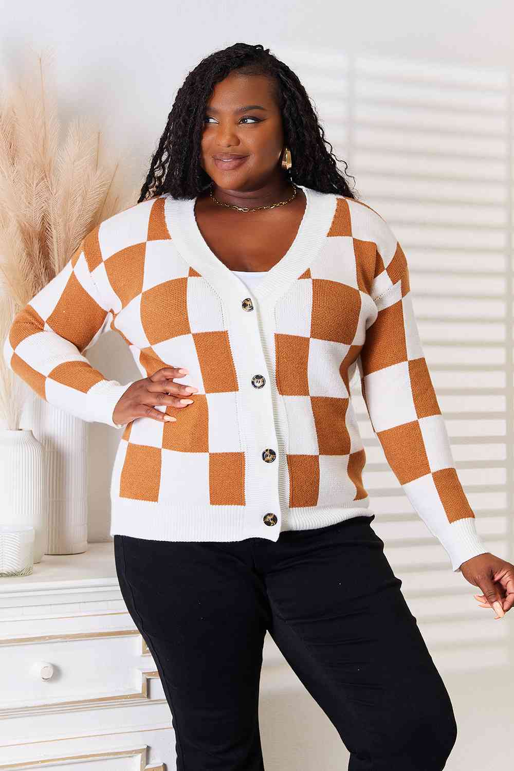 Double Take Button - Up V - Neck Dropped Shoulder Cardigan – Camel for Double Take (7 view)