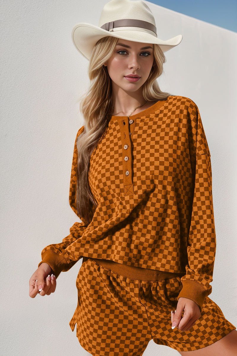 Double Take Checkered Half Button Top and Shorts Set – Caramel by Double Take