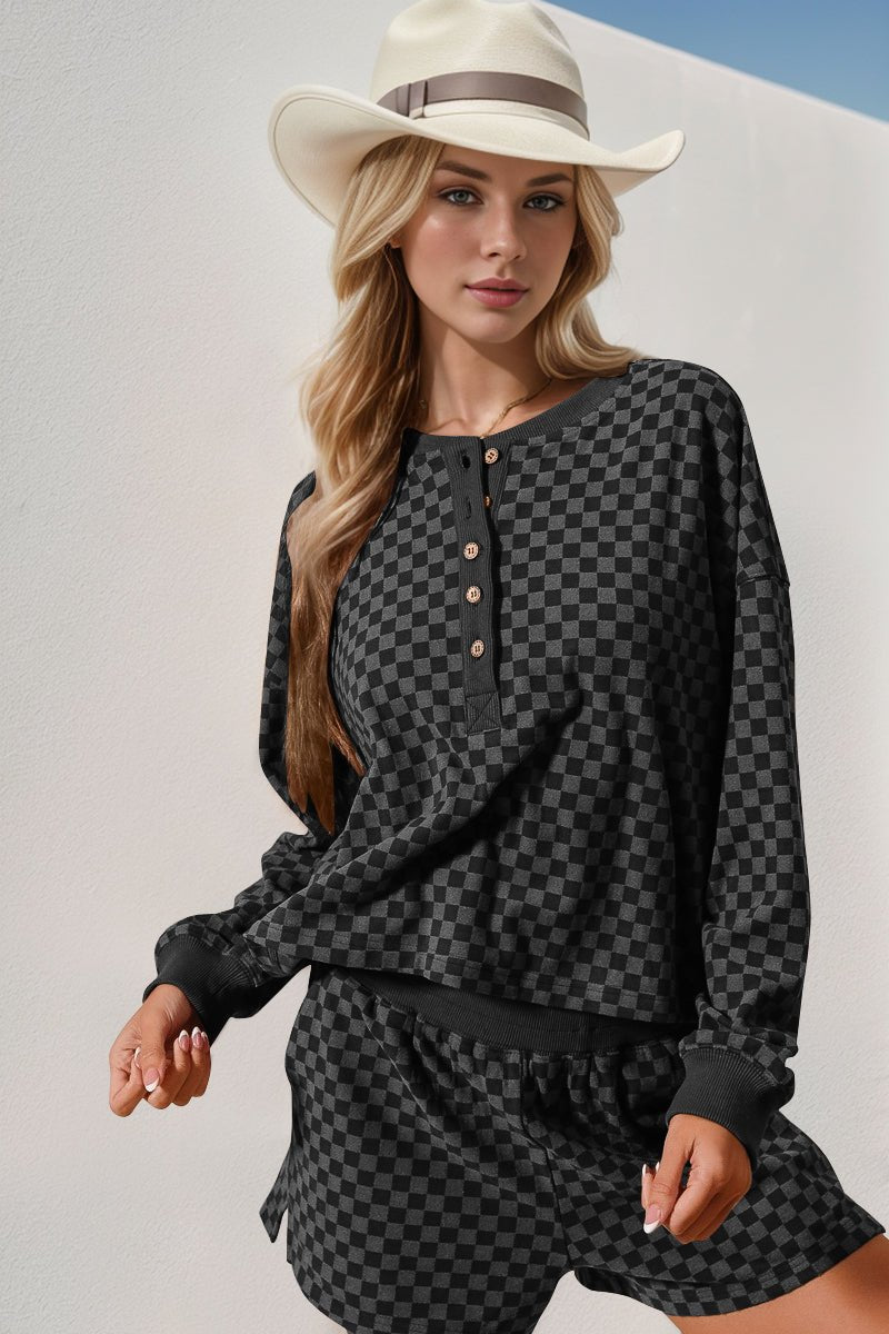 Double Take Checkered Half Button Top and Shorts Set – Black by Double Take