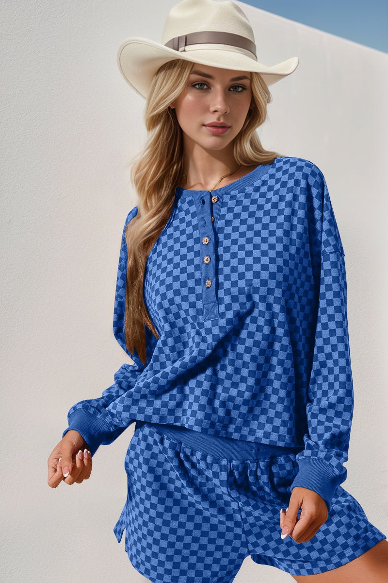 Double Take Checkered Half Button Top and Shorts Set – Blue by Double Take
