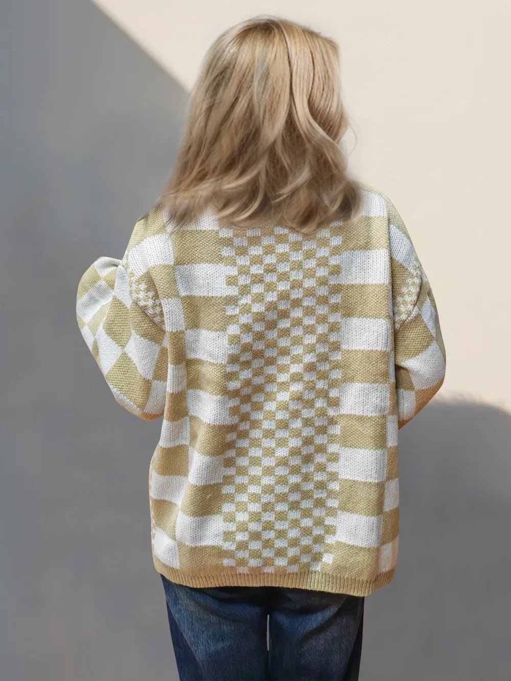 Double Take Checkered Open Front Dropped Shoulder Cardigan – Tan Sweatshirt by Double Take