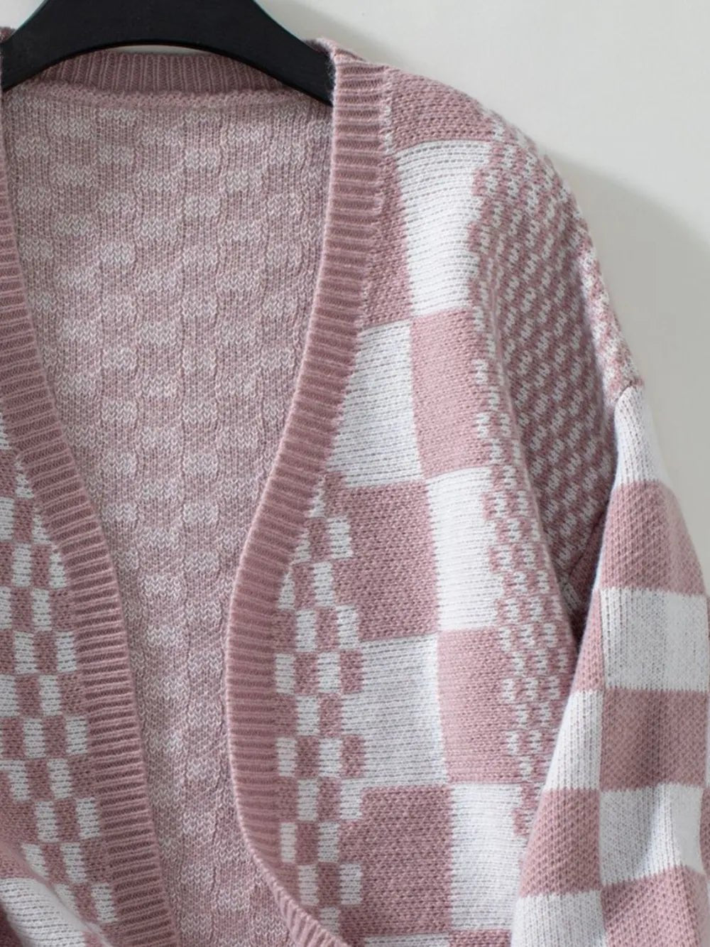 Double Take Checkered Open Front Dropped Shoulder Cardigan – Dusty Pink Sweatshirt by Double Take