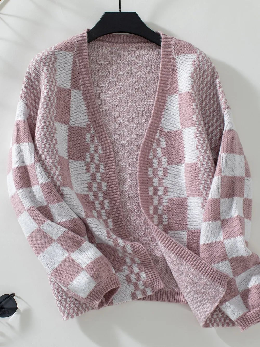Double Take Checkered Open Front Dropped Shoulder Cardigan – Dusty Pink Sweatshirt by Double Take