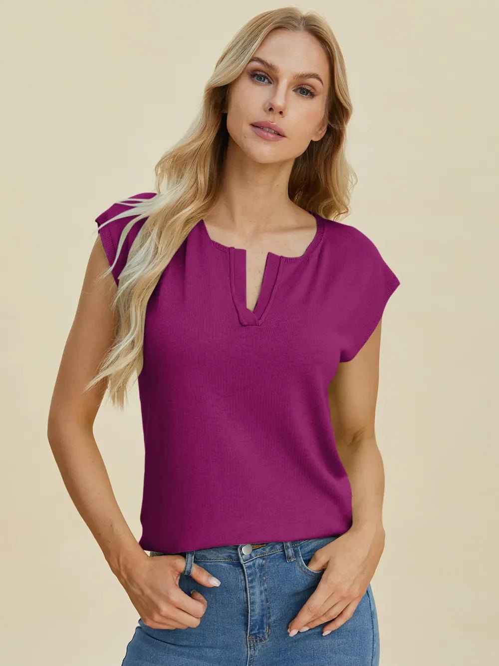 Double Take Full Size Notched Cap Sleeve Knit Top – Deep Purple sweaters by Double Take
