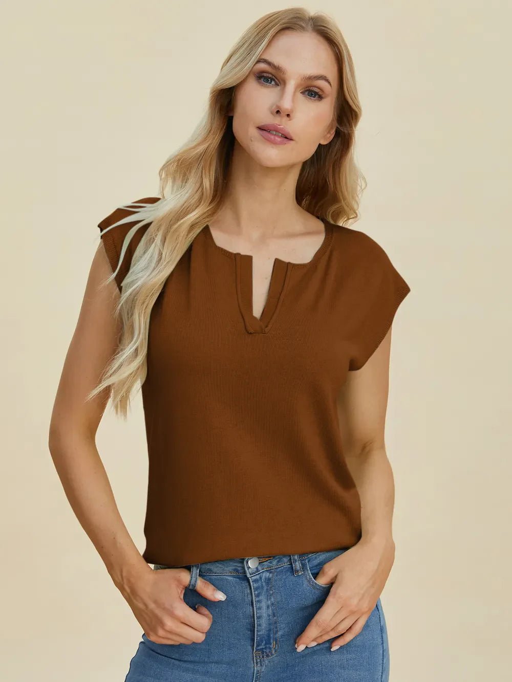 Double Take Full Size Notched Cap Sleeve Knit Top – Caramel sweaters by Double Take