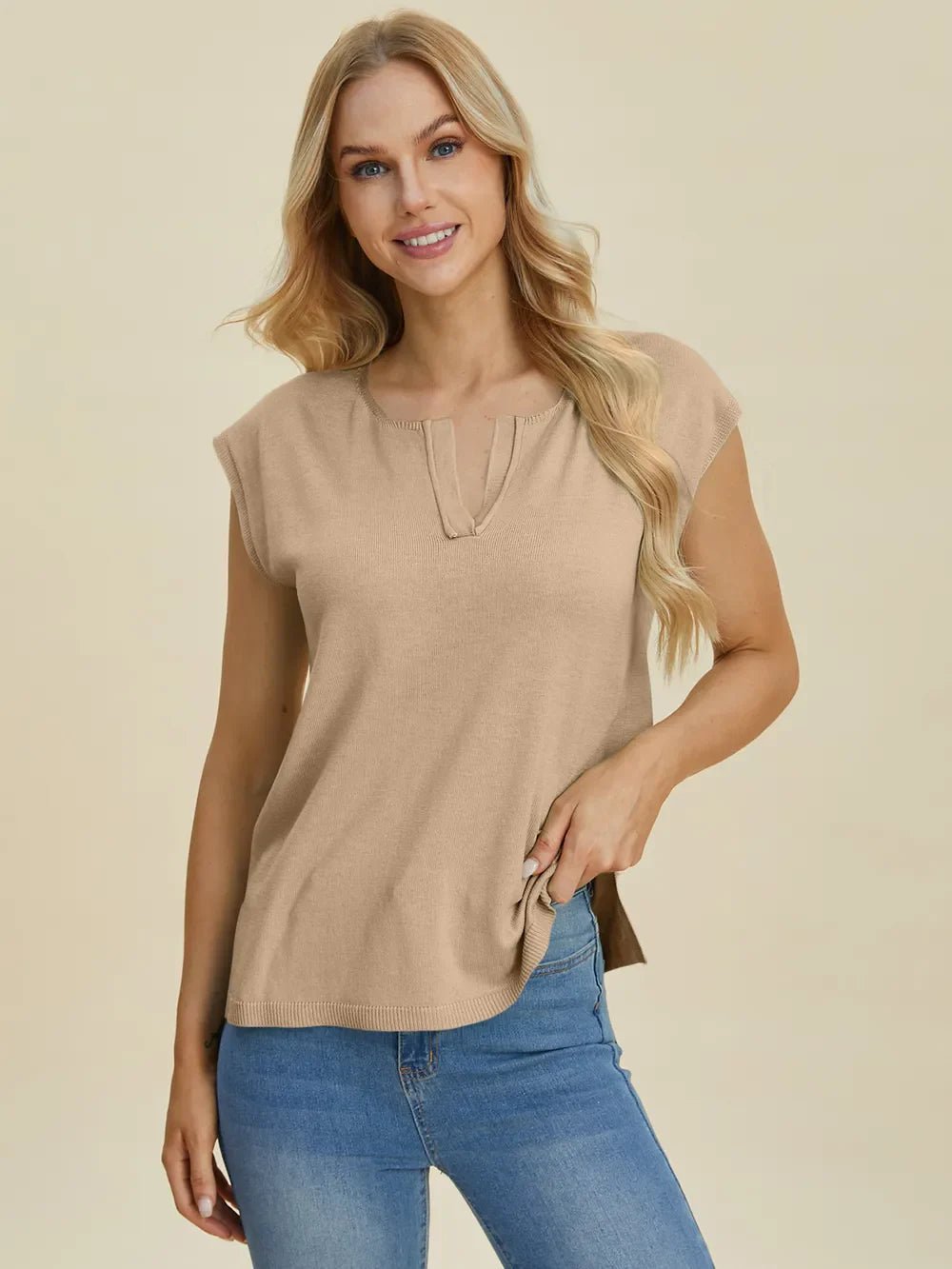 Double Take Full Size Notched Cap Sleeve Knit Top – Dust Storm sweaters by Double Take