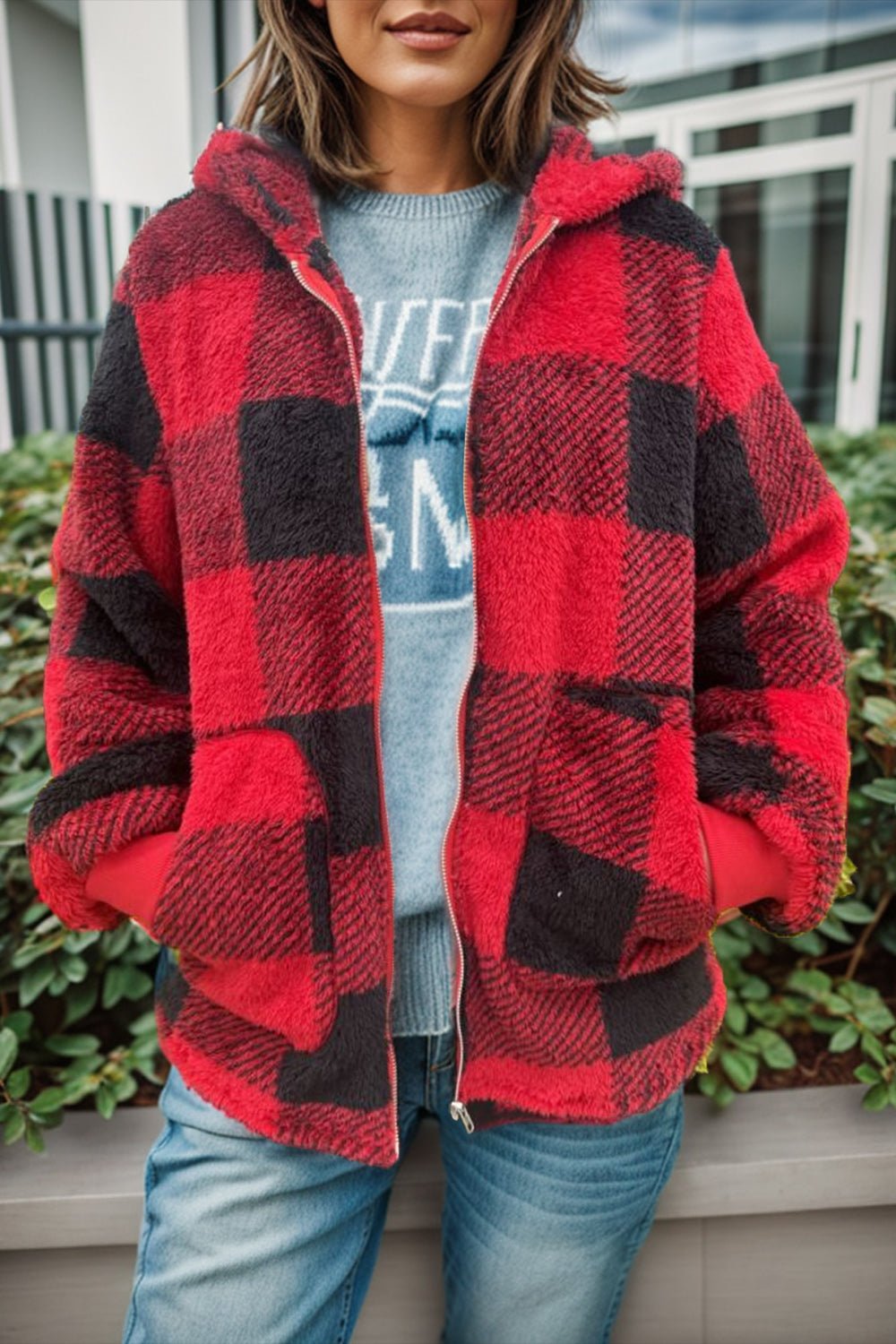 Double Take Full Size Plaid Long Sleeve Hooded Coat – Red Jacket by Double Take