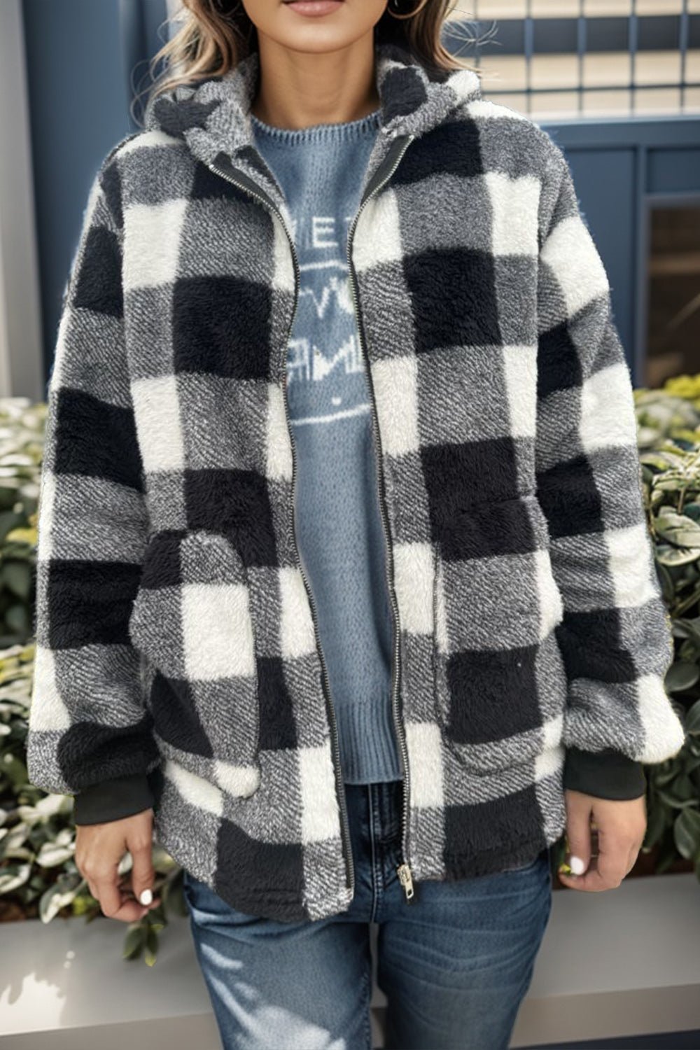 Double Take Full Size Plaid Long Sleeve Hooded Coat – Black Jacket by Double Take