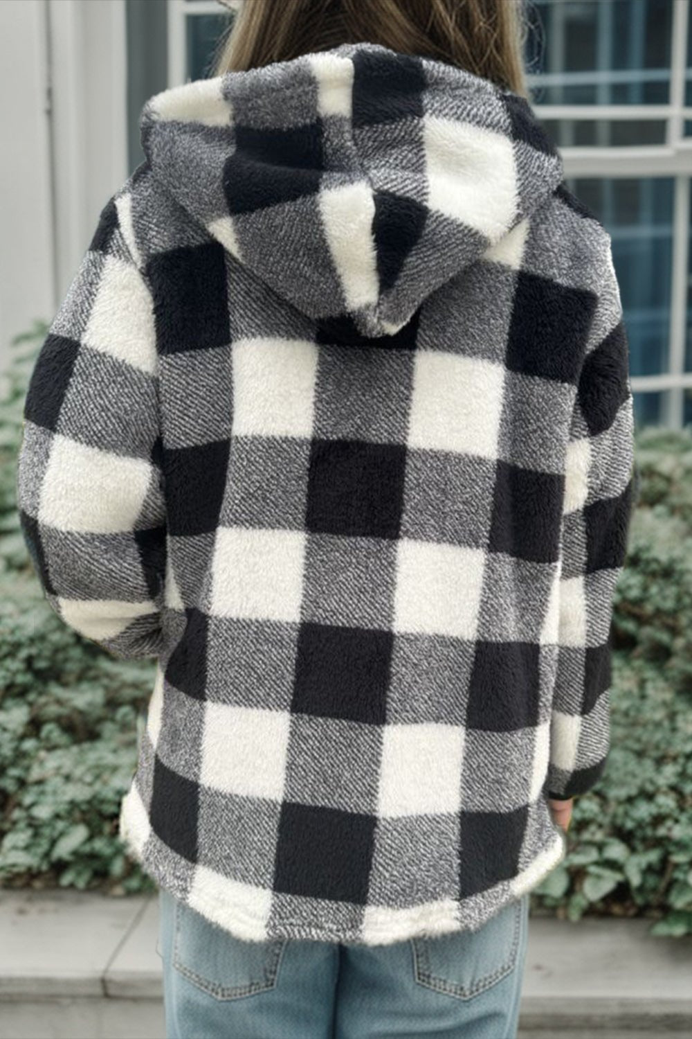 Double Take Full Size Plaid Long Sleeve Hooded Coat – Black Jacket by Double Take