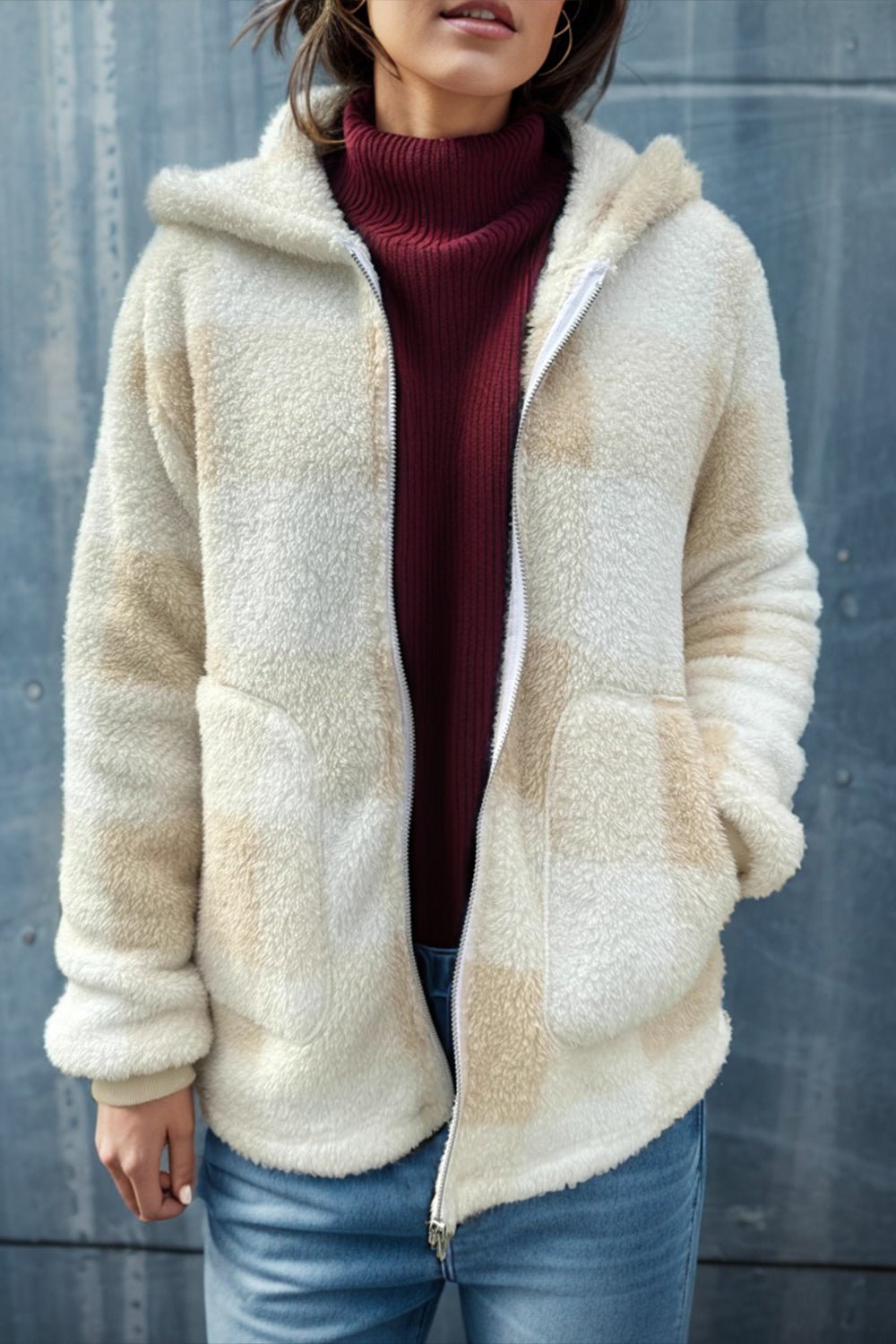 Double Take Full Size Plaid Long Sleeve Hooded Coat – Khaki Jacket by Double Take
