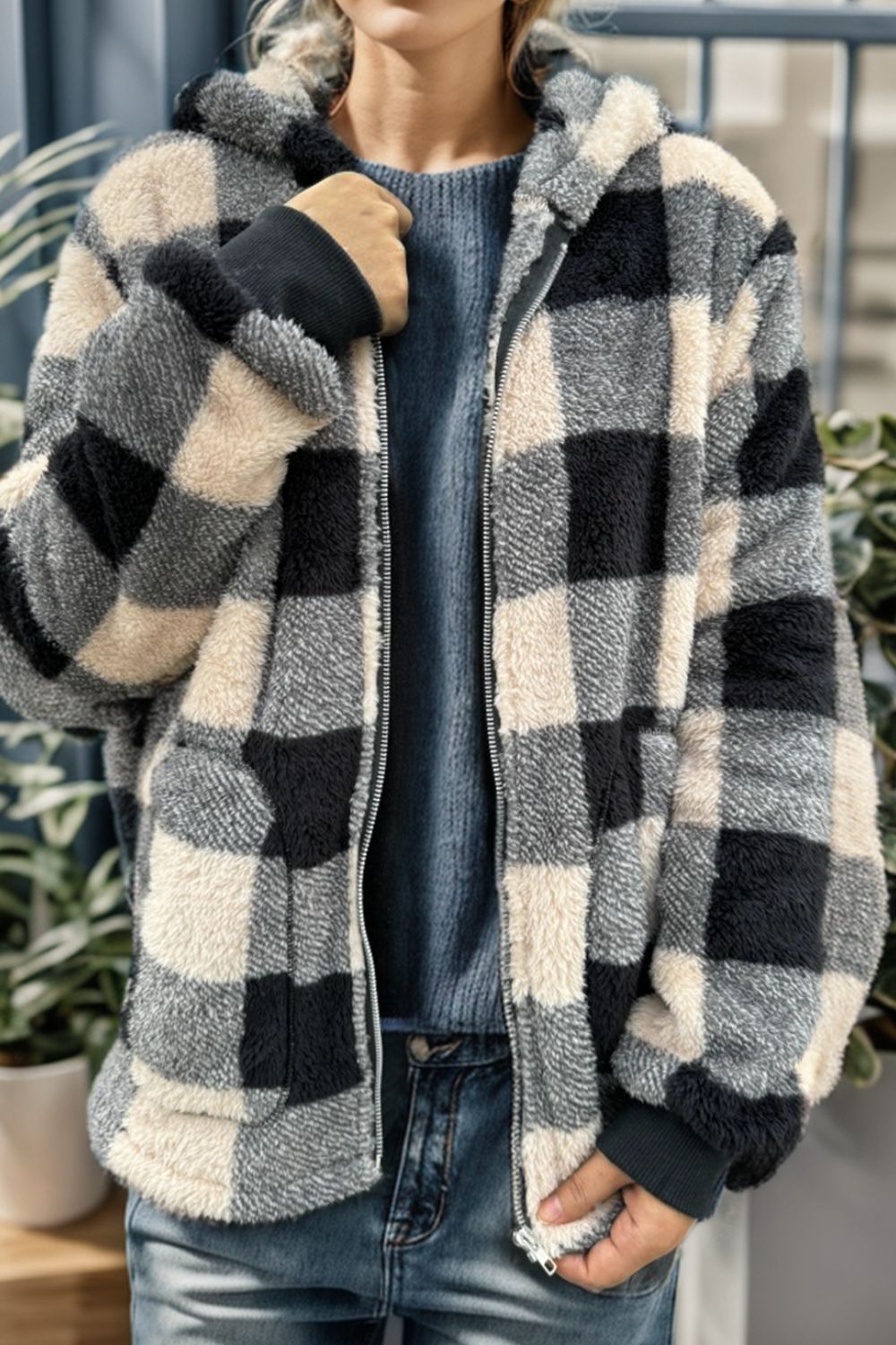 Double Take Full Size Plaid Long Sleeve Hooded Coat – Camel Jacket by Double Take