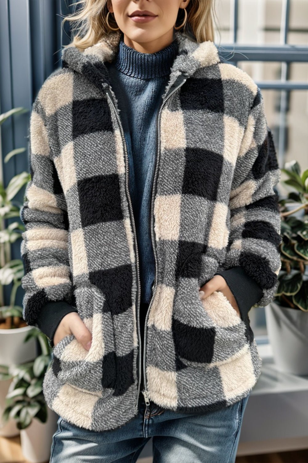 Double Take Full Size Plaid Long Sleeve Hooded Coat – Camel Jacket by Double Take