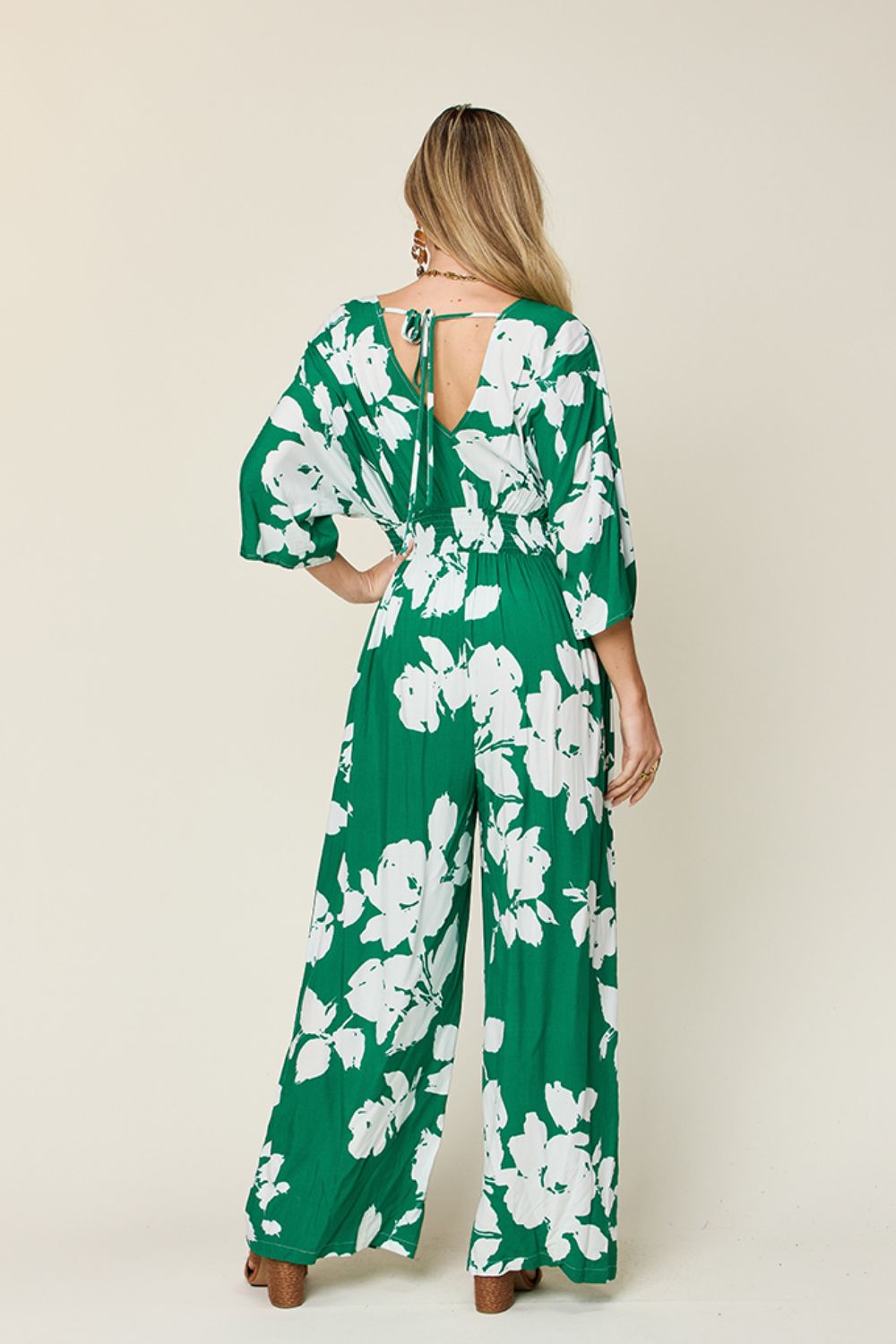 Double Take Full Size Printed Tie Back Wide Leg Jumpsuit – Green Apparel for Double Take (3 view)