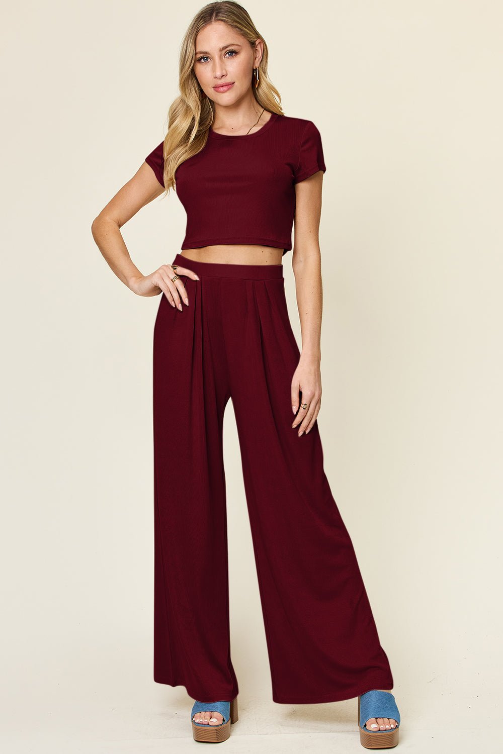 Double Take Full Size Round Neck Top and Pants Set – Burgundy Apparel for Double Take (7 view)
