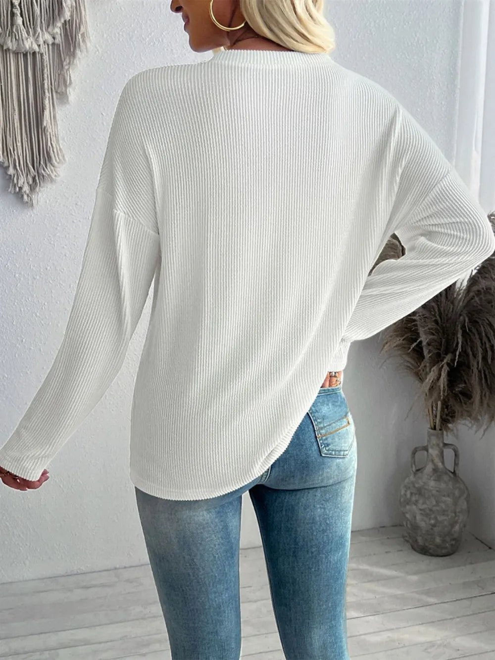 Double Take Pocketed Textured V - Neck Long Sleeve T-Shirt – Dust Storm Women's Top by Double Take