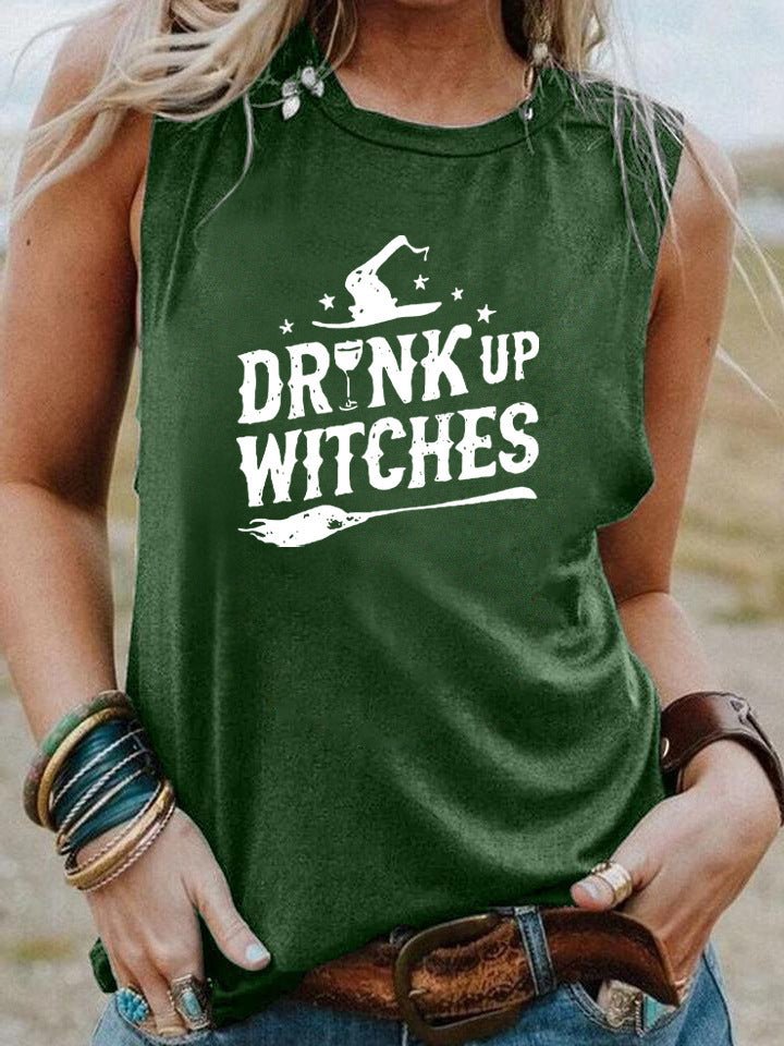 Drink Up Witches Halloween Tank – Funny Sleeveless Shirt for Women | Casual Witchy Fall Tee, Spooky Party Top, Wine & Broomstick Vibes – Greenwhite Women's Top for funny t-shirt (5 view)