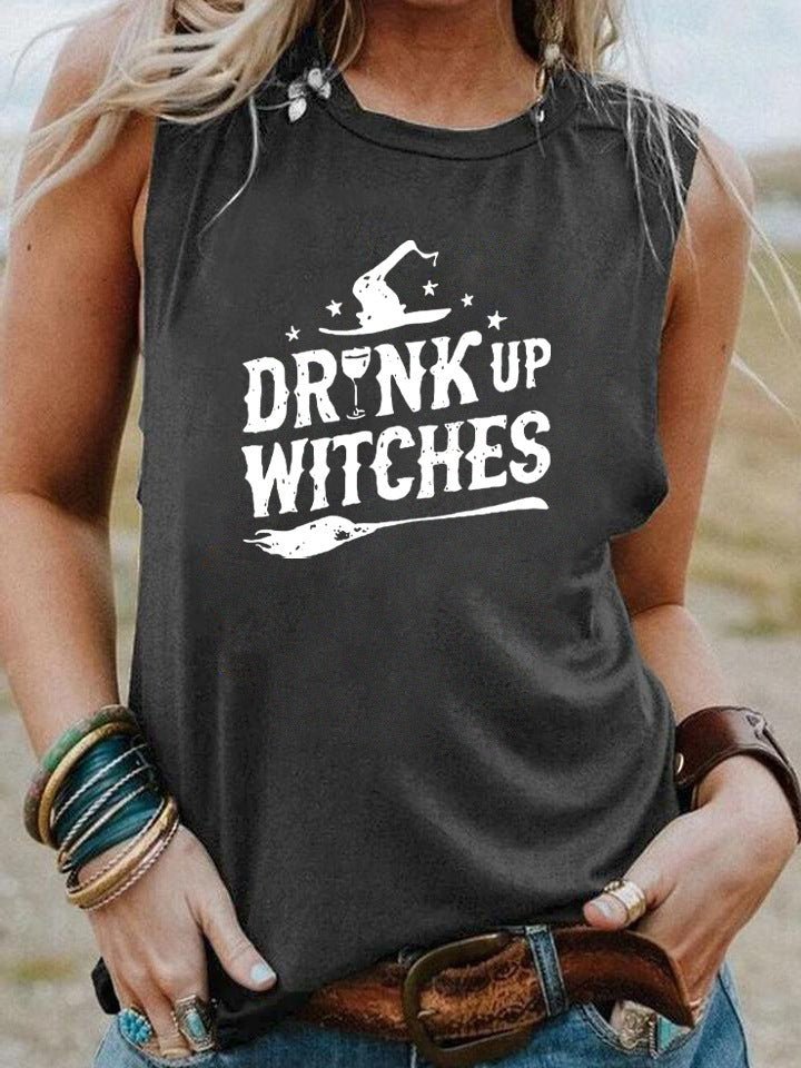 Drink Up Witches Halloween Tank – Funny Sleeveless Shirt for Women | Casual Witchy Fall Tee, Spooky Party Top, Wine & Broomstick Vibes – Black grey white Women's Top for funny t-shirt (3 view)