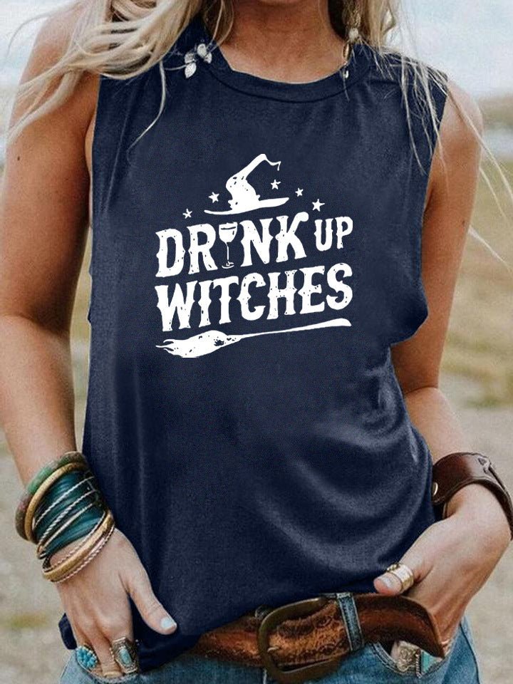 Drink Up Witches Halloween Tank – Funny Sleeveless Shirt for Women | Casual Witchy Fall Tee, Spooky Party Top, Wine & Broomstick Vibes – Navy bluewhite characters Women's Top for funny t-shirt (7 view)