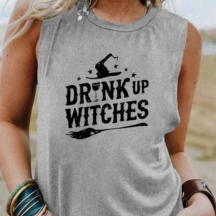 Drink Up Witches Halloween Tank – Funny Sleeveless Shirt for Women | Casual Witchy Fall Tee, Spooky Party Top, Wine & Broomstick Vibes – Black and white Women's Top for funny t-shirt (1 view)