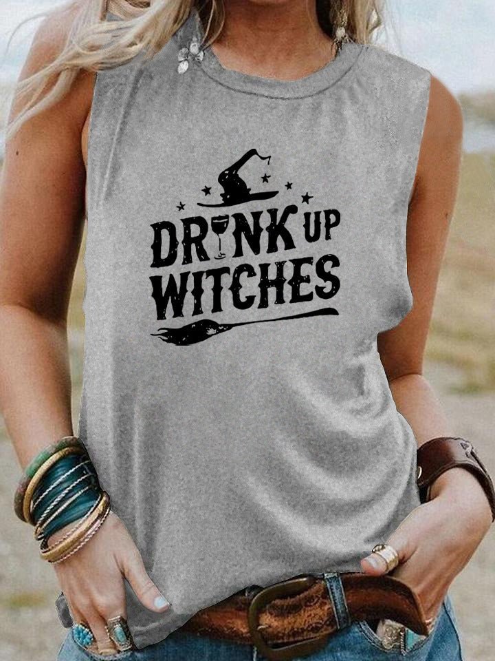 Drink Up Witches Halloween Tank – Funny Sleeveless Shirt for Women | Casual Witchy Fall Tee, Spooky Party Top, Wine & Broomstick Vibes – Light grey black Women's Top for funny t-shirt (6 view)