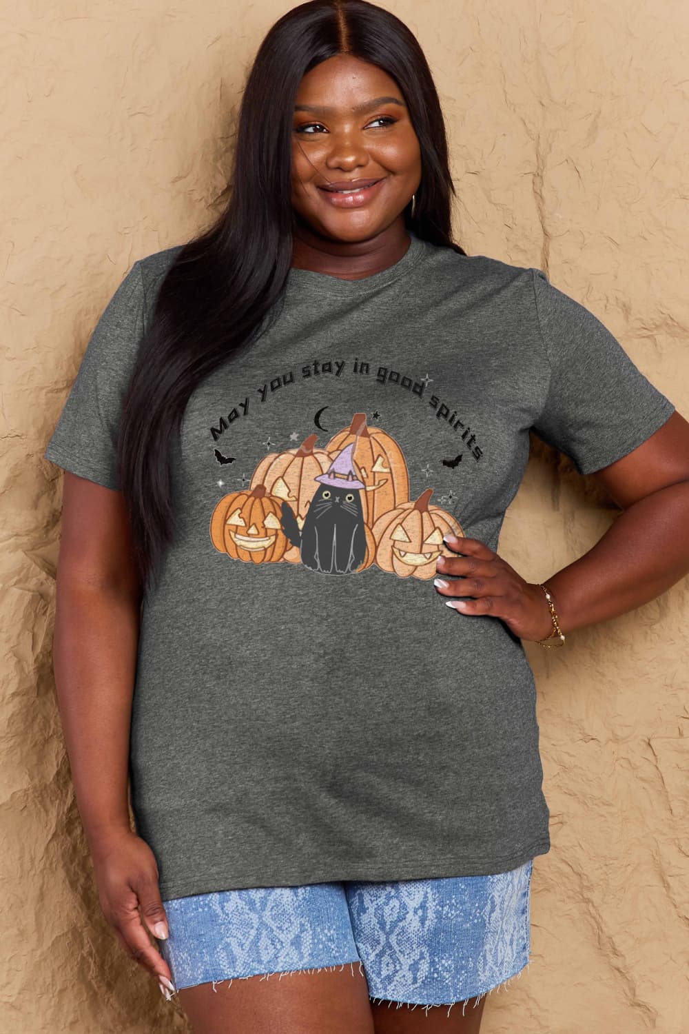 Simply Love Full Size MAY YOU STAY IN GOOD SPIRITS Graphic Cotton T-Shirt – Charcoal Women's Top for Shopify Collective (3 view)