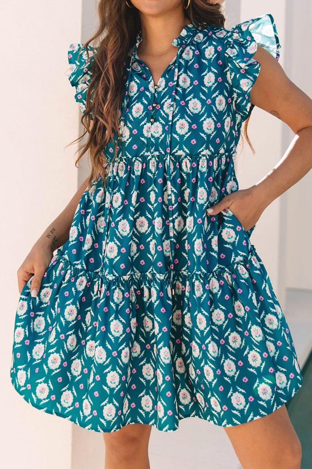 Printed Tie Neck Ruffled Cap Sleeve Dress – Floral for Shopify Collective (4 view)