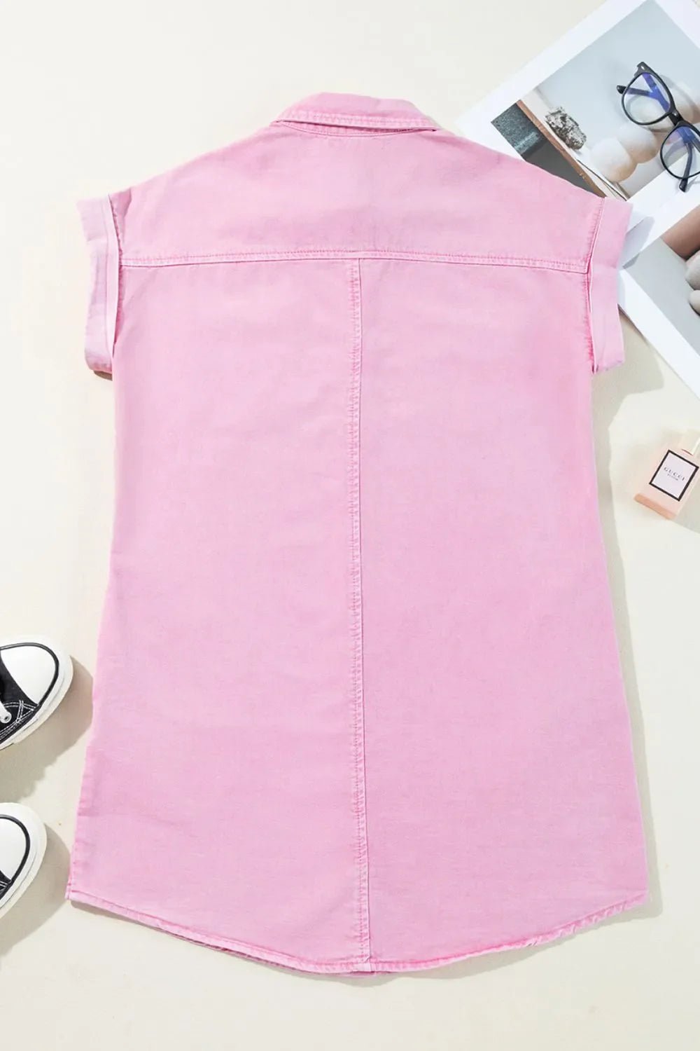 Button Down Short Sleeve Denim Dress – Blush Pink for Shopify Collective (7 view)