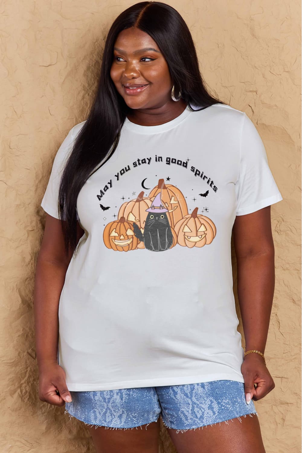 Simply Love Full Size MAY YOU STAY IN GOOD SPIRITS Graphic Cotton T-Shirt – Bleach Women's Top for Shopify Collective (7 view)