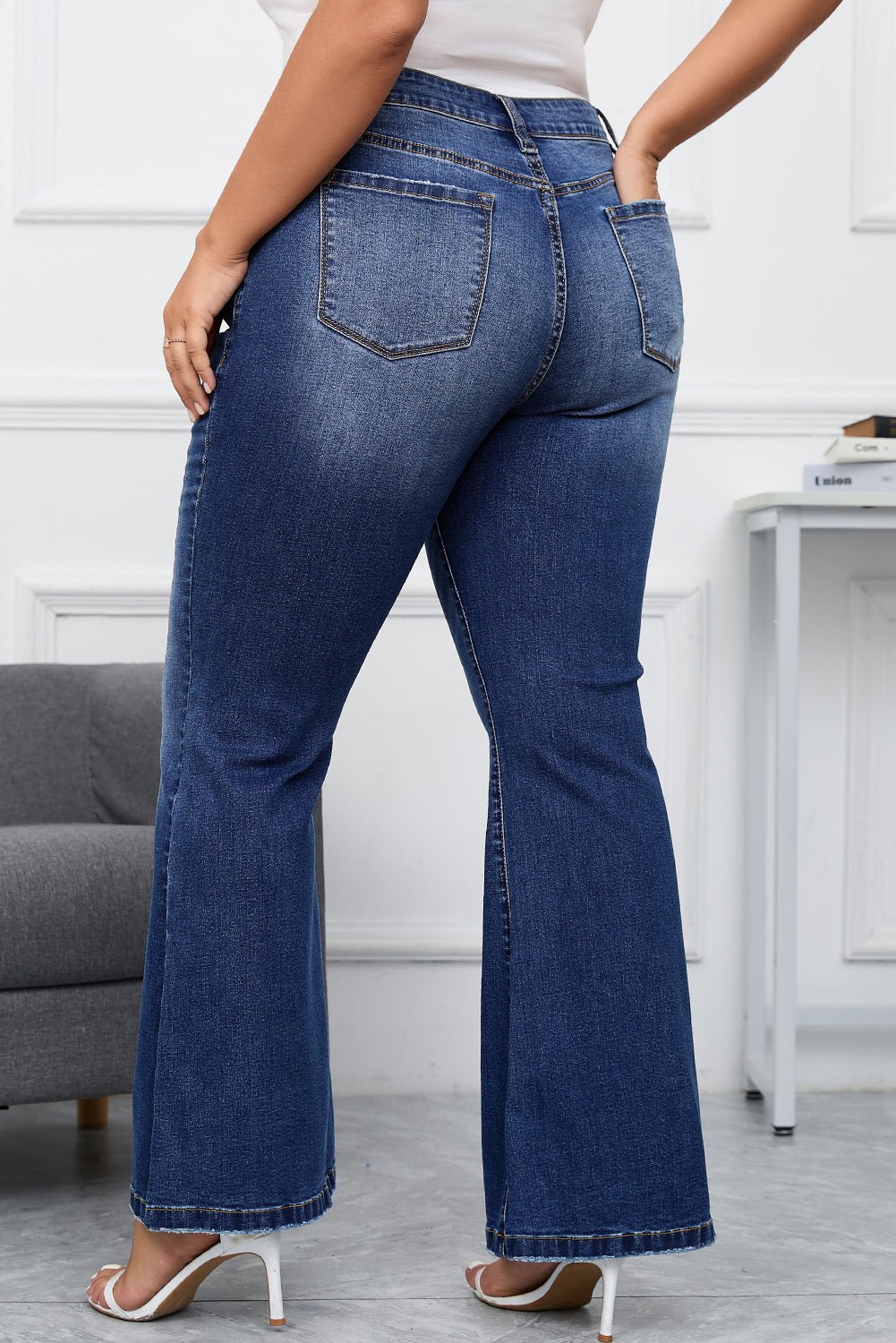 Aila Dark Blue Plus Size Stitching Flare Jeans – Dark Blue Plus Size/Plus Size Bottoms for glowup (2 view)