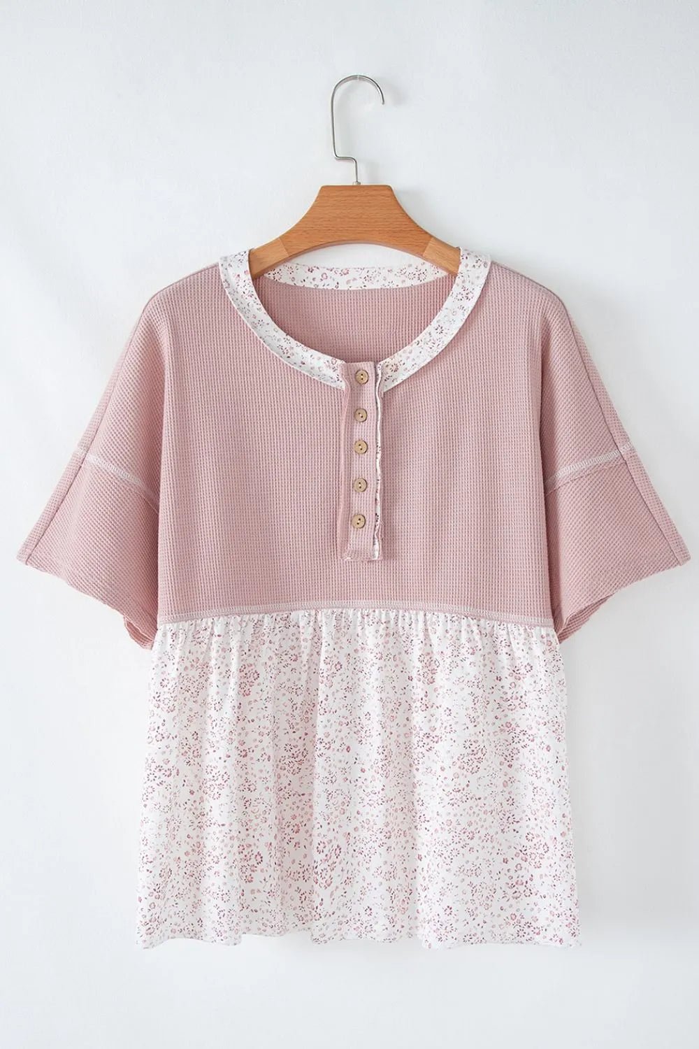 Waffle Floral Patchwork Exposed Seam Detail Short Sleeve Top – Dusty Pink for Shopify Collective (5 view)