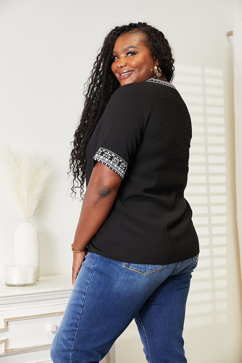 Double Take Embroidered Notched Neck Top – Black by Double Take
