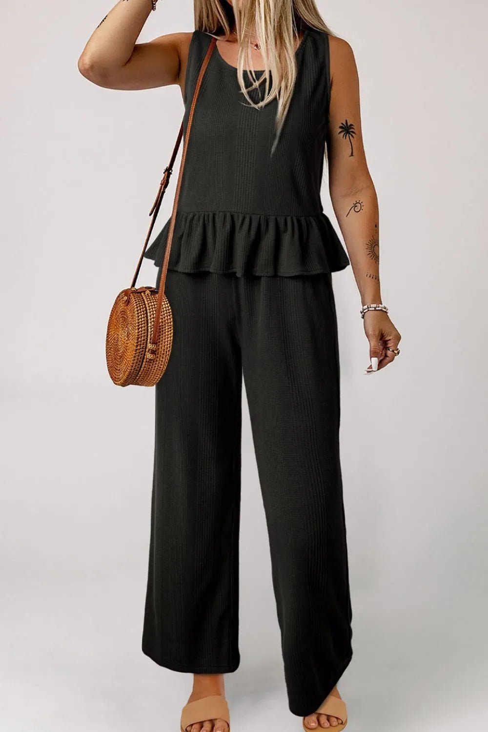 Color Ribbed Ruffle Tank Top and Pants Set – Black for Shopify Collective (13 view)