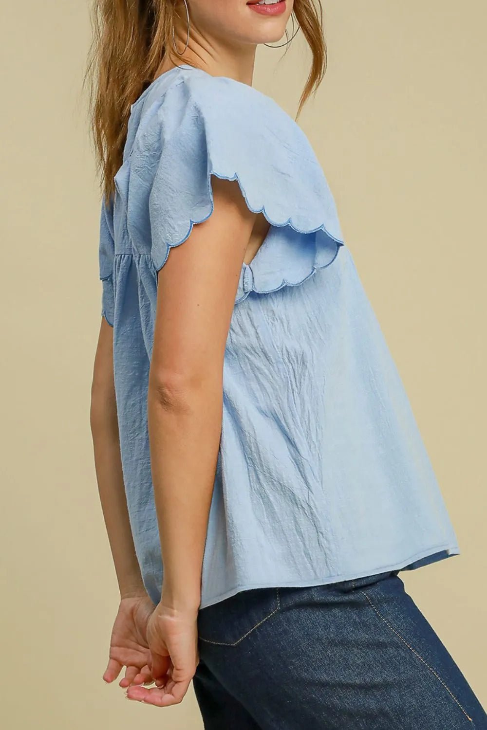 Solid Color Embroidered Scalloped Sleeves Crew Neck Blouse – Light Blue Women's Top for Shopify Collective (4 view)