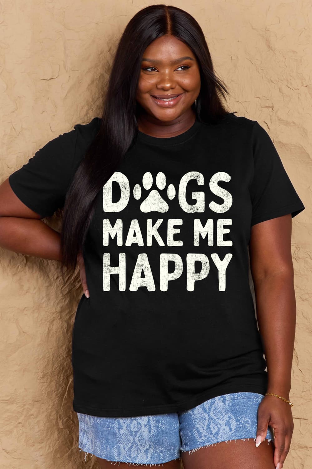 Simply Love Full Size DOGS MAKE ME HAPPY Graphic Cotton T-Shirt – Black Women's Top for Shopify Collective (19 view)