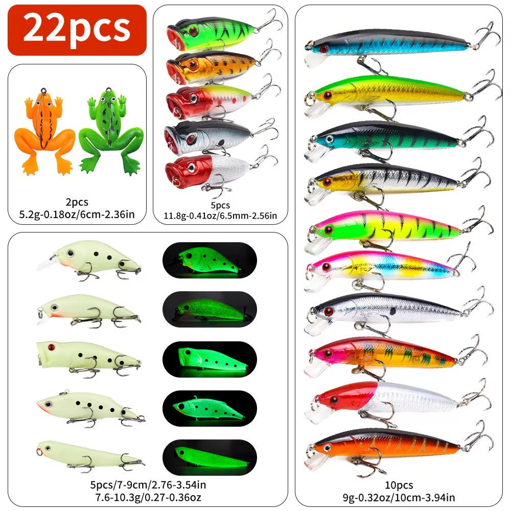 22pc Lure Kit – Hard & Soft Baits, Popper, Minnow, Frog, – Fishing Gear by SbrTnHomes