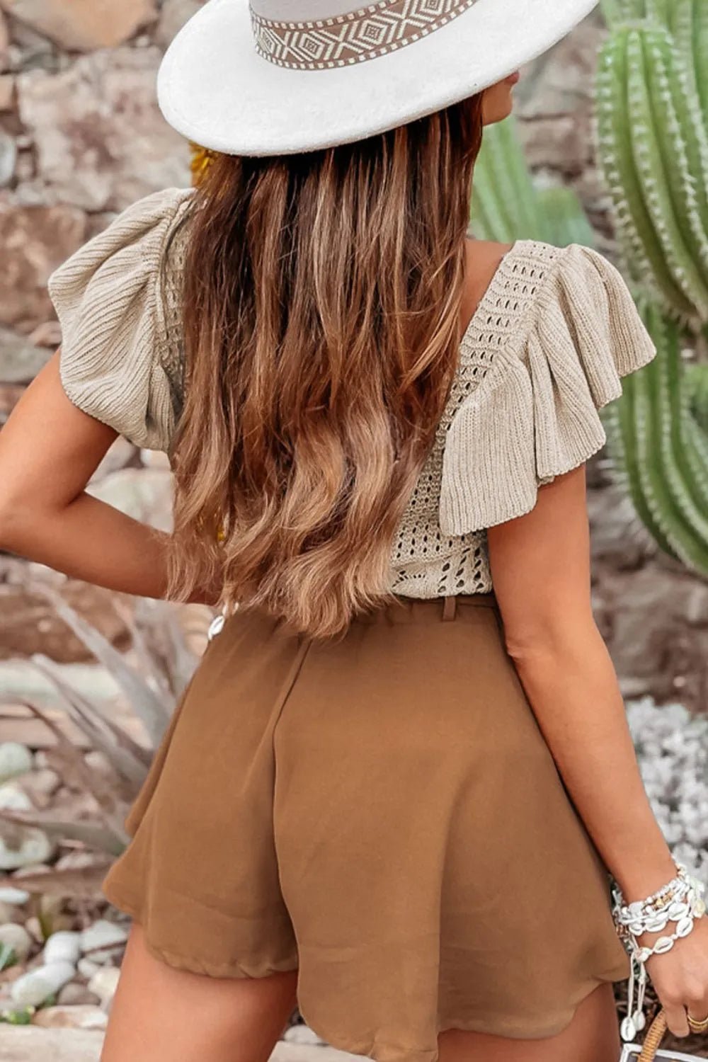 Openwork Ruffled Scoop Neck Knit Top – Khaki for Shopify Collective (3 view)